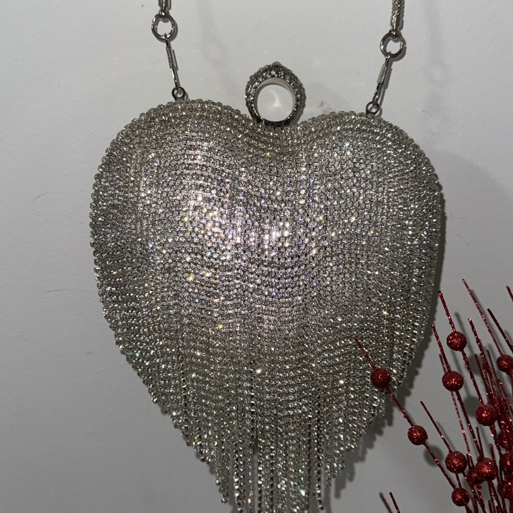 Silver Heart-Shaped Crystal Bag